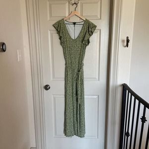 Ann Taylor Womens Dress Green Maxi Floral Belted Scoop Neck Short Sleeve L New